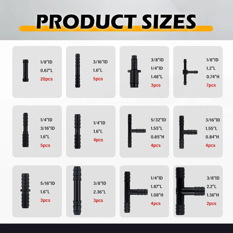 120 Pcs Automotive Silicone Vacuum Line Kit With 30 Ft Hoses In 6 Sizes Plus 64 Barbs And Caps For High Temp Engine Repair And Car Fixes That Are Sick Cool. Product sizes chart with black barbs and hose connectors