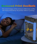 Sleeping woman beside AD5M 3D Printer Enclosure Dustproof Protective Cover With Constant Temperature Quiet Printing And Customizable Exterior.