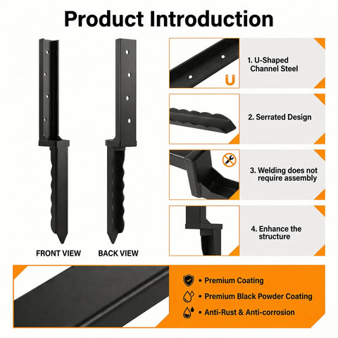 Heavy Duty Fence Post Repair Kit Featuring Rock Solid Steel Anchors And Beefy L Shaped Stakes, 30-inch black steel L stake front and back view.