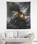 Thunderous Steam Locomotive Tapestry Wall Art Decor 50x60 Inches over couch in modern living room.
