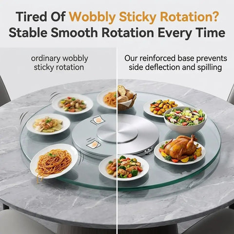 360 Degree Lazy Susan For Dining Table With Tempered Glass Round Top, comparison of wobbly vs. stable swivel serving tray