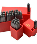 36 Piece Heavy Duty Steel Stamp Set With Uppercase Letters And Numbers 2mm Punch Kit in red case for hand stamping jewelry making.