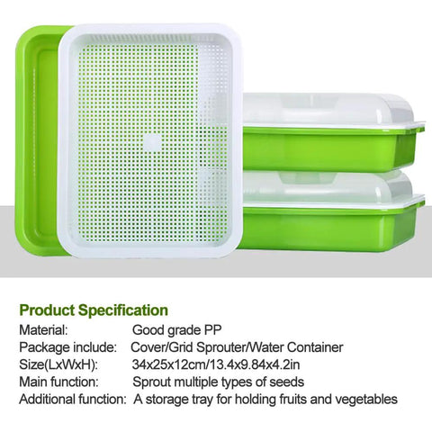 Set of soil-free seed sprouter trays with lids in green, BPA-free PP material, 13.4x9.84x4.72 inches, no soil needed