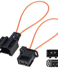 Mellbree fiber optic bypass loop adapters, 2-piece, orange loops, black housings for automotive diagnostics (front view)