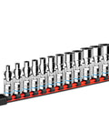 12-Piece Quarter Inch Drive Universal Flex Socket Set, 6-Point Metric From Five To Fifteen Millimeters, Swivel Joint, CR-V Steel, Workin' In Tight Spaces And Hard To Reach Spots, shown on rail