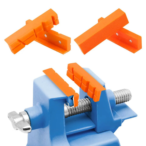 Set Of Two Pair Four Inch Soft Jaw Pads For Bench Vise With Knockout Magnetic Base mounted on blue vise, showing orange rubber inserts.