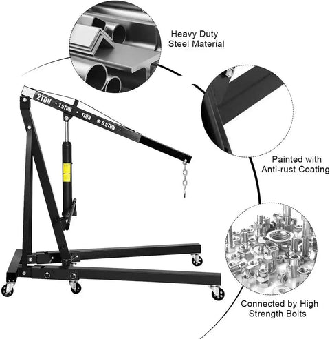 Heavy Duty Hydraulic Engine Hoist Two Ton Folding Shop Crane With Six Heavy Duty Roller Wheels Built Like A Tank, showcasing steel material and design features.
