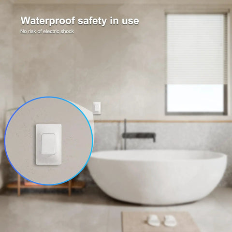 Self Powered Wireless Light Switch And Receiver Kit With 600ft Range in bathroom showing waterproof usage