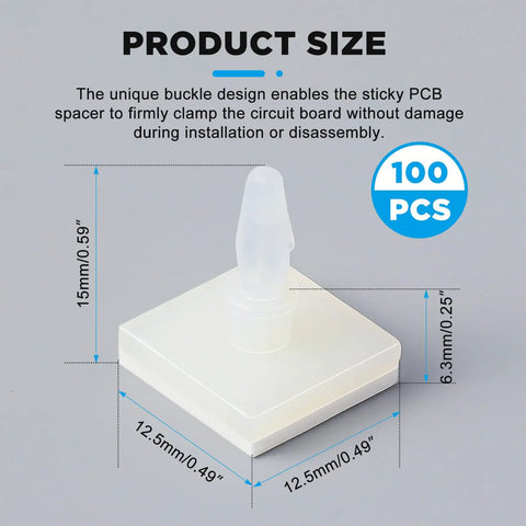 Image of a 100 Pcs Sticky PCB Spacers Adhesive Insulated Standoffs 0.25 Inch Height for PC Boards, showing spacer dimensions.