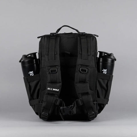 Back view of 35L Tactical Gym Backpack Built For Everyday Use, Tough As Nails 1000D Waterproof Oxford Fabric, with dual cup holders.