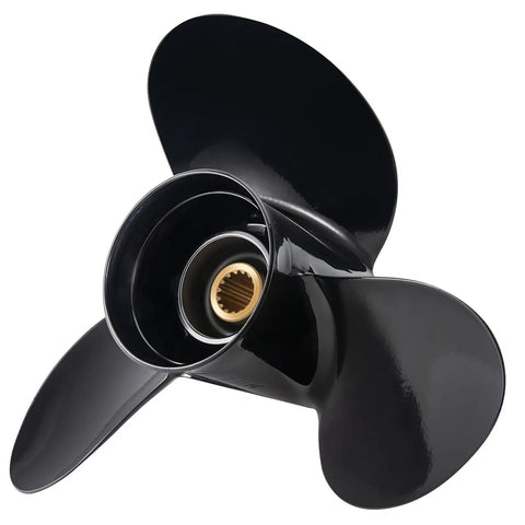 Suzuki 14 Inch Diameter 19 Pitch Aluminum Outboard Propeller, 3-Blade Right-Hand RH, black metal propeller view