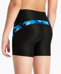 Back view of Youth Boys Swim Shorts Square Leg Quick Dry Nylon Swimsuit With UPF 50 Plus Sun Protection, Boxer Brief Style in Black and Wave.