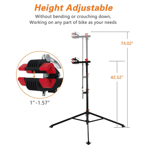 Height-adjustable bike repair stand with 360-degree rotating clamp, quick release mechanism, height 42.5-74 inches.