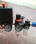 Heavy Duty Pro Grade Air Compressor Pressure Switch Regulating Valve 90 To 120 Psi For 220 To 240 Volt Systems Four Port Auto On Off Control Valve Easy Install One Quarter Inch Thread Replacement with gauges and connectors.