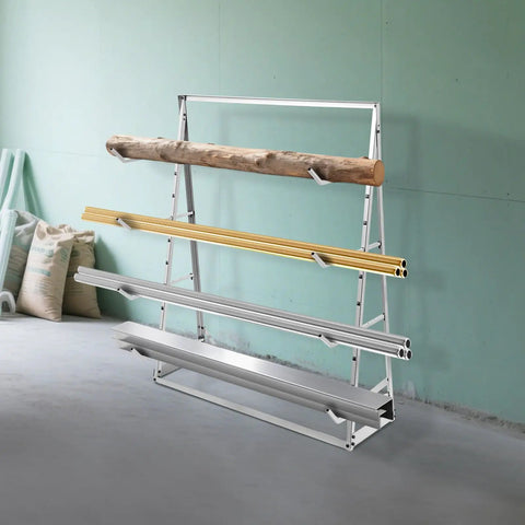 Heavy Duty Four Tier Horizontal Lumber Storage Rack For Garage Built Like A Tank Holds Wood Boards Firmly Up To 440 Pounds Rust Resistant Silver Garage Boss with wood and metal pipes.