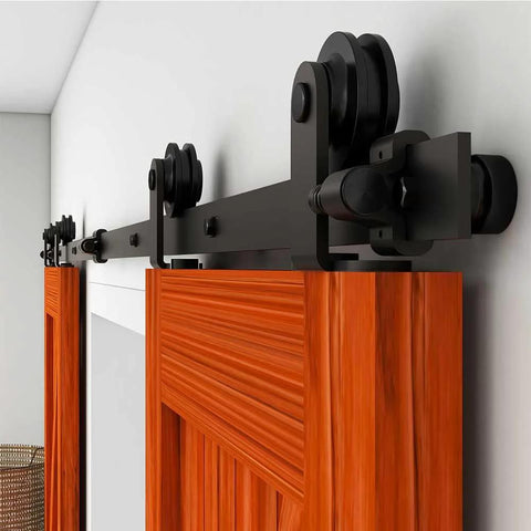 Side view of 8Ft Sliding Barn Door Hardware Kit For 24 Inch Wide Double Doors Top Mount Roller Matte Black Finish installed on wood door