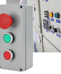 Front view of aluminum die-cast Built Tough Weatherproof Control Box with IP66 rating, featuring emergency stop button for outdoor panels.