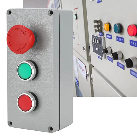 Front view of aluminum die-cast Built Tough Weatherproof Control Box with IP66 rating, featuring emergency stop button for outdoor panels.