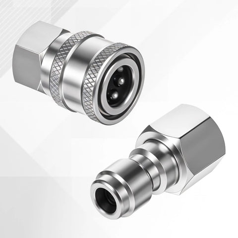 Stainless steel 1/4 inch NPT pressure washer quick-connect coupling set; male and female plugs (front and side views)