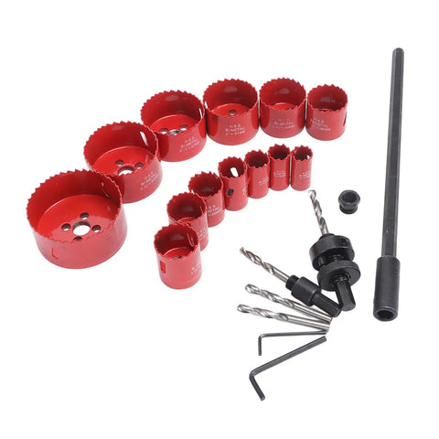 Fafeicy 21 Pc Hss Hole Saw Kit With Fast Cutting Wood Metal Plastic Plasterboard Set Includes Twisting Drill Bit Thread Converter And Hex Wrench, red bi-metal hole saws