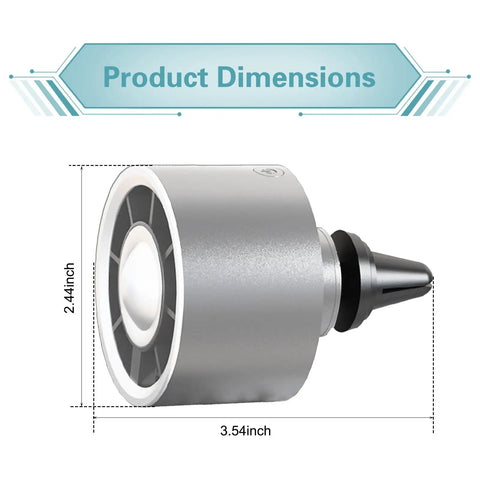 Portable Usb Car Vent Fan With Three Speed Gears And Adjustable Clip to Blast Out Stale Air, showing product dimensions 2.44 inches by 3.54 inches.