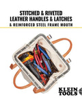 Top view of Heavy Duty Natural Canvas Tool Bag Tote With Wide Hinged Opening And Leather Handles, tools visible inside.