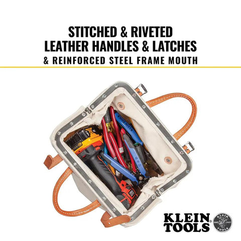 Top view of Heavy Duty Natural Canvas Tool Bag Tote With Wide Hinged Opening And Leather Handles, tools visible inside.
