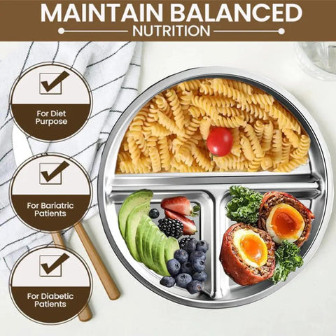 Portion Control Plates For Grownups, Stainless Steel Divided Dinner Plates For Weight Loss And Diabetic Diets, Unbreakable 9 Inch Round Metal Dish