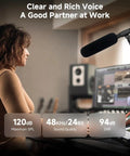 D2 Wireless Shotgun Microphone With Hypercardioid Condenser Pickup used in a recording studio, displaying sound quality specs.