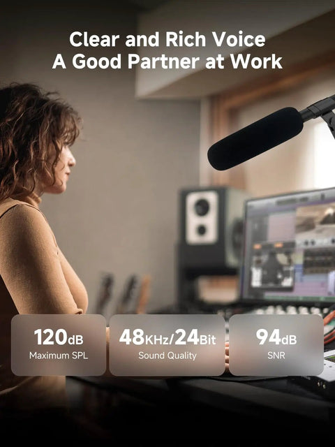 D2 Wireless Shotgun Microphone With Hypercardioid Condenser Pickup used in a recording studio, displaying sound quality specs.
