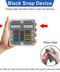 Person holding Six Way Fuse Block Panel For 12V And 24V DC Systems With LED Indicator ATC ATO Compatible Fuse Box shown with snap closures.