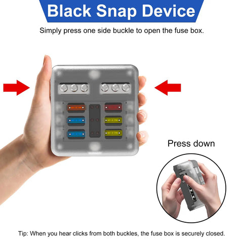 Person holding Six Way Fuse Block Panel For 12V And 24V DC Systems With LED Indicator ATC ATO Compatible Fuse Box shown with snap closures.