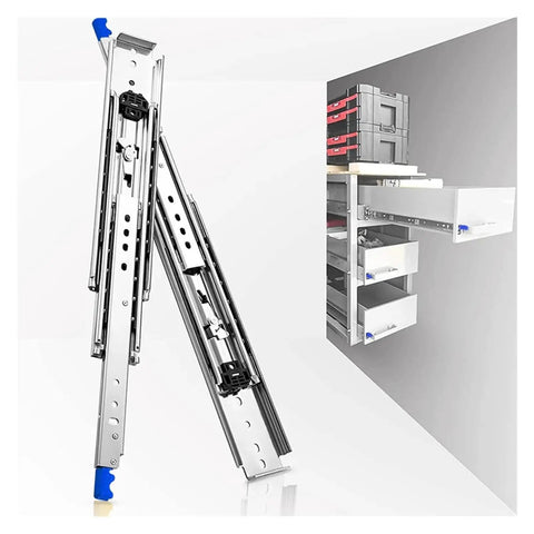 Heavy Duty Drawer Slides With Secure Locking Feature Full Extension Ball Bearing Rails shown mounted with drawers for heavy storage.