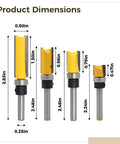 Product dimensions of Top Tier 4 Pc Flush Trim Router Bit Set With 1/4 Inch Shank And Bearing Carbide Blades for precise wood edge work.