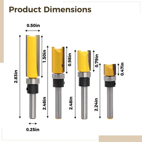 Product dimensions of Top Tier 4 Pc Flush Trim Router Bit Set With 1/4 Inch Shank And Bearing Carbide Blades for precise wood edge work.