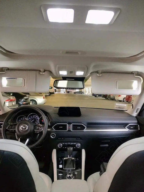 Mazda CX5 interior with 6000K LED lights installed, showing map and dome lights, part of White Interior LED Light Kit for 2013-2022 models.