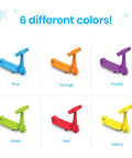 Neighborhood Wheels Math Counters For Kids With Super Cool Vehicle Designs, featuring 6 colorful plastic scooters in blue, orange, purple, green, red, and yellow.