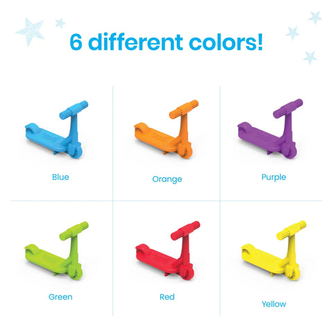 Neighborhood Wheels Math Counters For Kids With Super Cool Vehicle Designs, featuring 6 colorful plastic scooters in blue, orange, purple, green, red, and yellow.