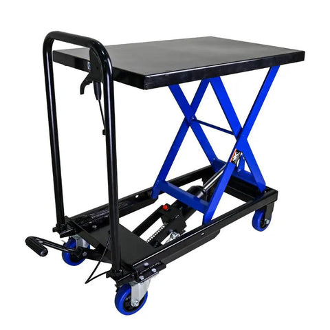 Heavy Duty Hydraulic Lift Trolley With Four Smooth Rolling Casters And Adjustable Scissor Platform for easy tool movement.