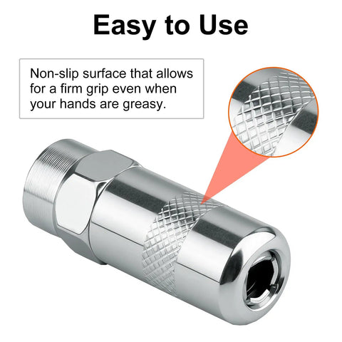 Four Pack Heavy Duty Grease Gun Coupler Tips 1/8 In NPT Replacement Set For M18 M12 Cordless Grease Guns 2448 2449 2450 49-16-2649 Built Tough With Steel Construction, High PSI Safety, Smooth Snap On Fit showing a close-up of the non-slip surface.