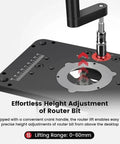 Top Shelf Router Lift System With Slick Quick Turn Crank And Clear Scale For Bulletproof Workshop Jobs Crafted From Solid Aluminum Alloy Base designed for effortless router bit height adjustment.