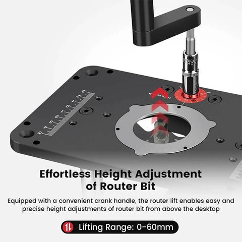 Top Shelf Router Lift System With Slick Quick Turn Crank And Clear Scale For Bulletproof Workshop Jobs Crafted From Solid Aluminum Alloy Base designed for effortless router bit height adjustment.