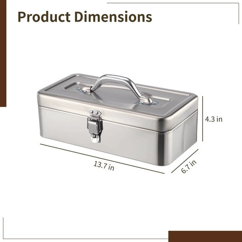 Heavy Duty Stainless Steel Toolbox With Carry Handle, Waterproof And Rustproof Utility Case, 13.7 X 6.7 X 4.3 In, Secure Metal Latches