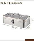 Stainless Steel Toolbox Heavy Duty Portable Storage Box With Waterproof Rustproof Build Carry Handle And Secure Metal Latches For Tools Screws And Small Parts On The Go, shown with dimensions.