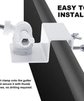 4 Pack Universal Solar Panel Gutter Mounts For Ring Blink Arlo And More White Clip On No Drill Install Weatherproof Aluminum Alloy And ABS Plastic Durable Outdoor Power System Mounts close-up of clamp detail.