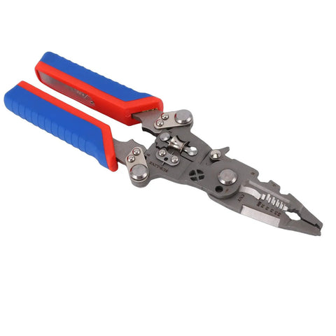 Yunseity 16 In 1 Folding Wire Stripper Pliers Crimper Tool Heavy Duty with red and blue rubber grips for electricians.