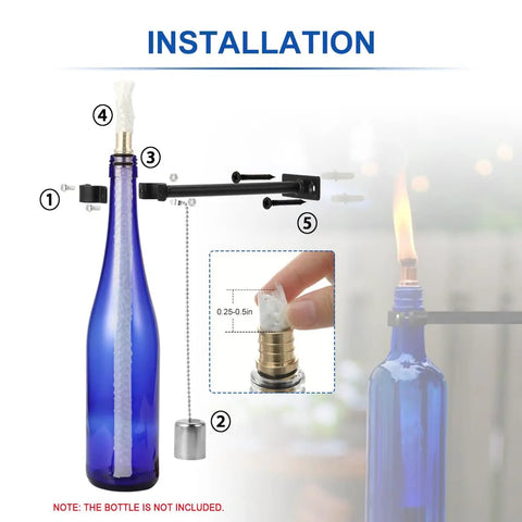Illustration of Wine Bottle Torch Kit For Outdoor Patio Lighting Wall Mount Holder With Wick showing installation steps.