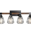 Rustic Wood And Matte Black Industrial Vanity Light Four Light Over Mirror Sconce with metal cage