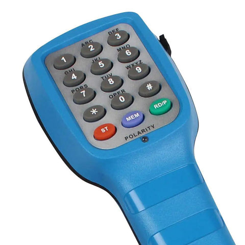 Pro Grade Lineman Test Set For Telephone Installations with impact and water resistant keyboard, blue handset close-up