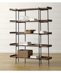 Built Different Wrought Iron Bookshelf With Thick Wood Shelves Hella Sturdy Floor Stand multi tier display rack in a living room.